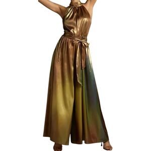 Anthropologie Hutch Halter Wide-Leg Jumpsuit Metallic Tie Waist Multicolor 0